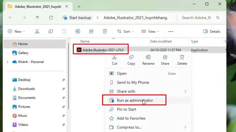 Chạy file cài đặt bằng quyền Admin