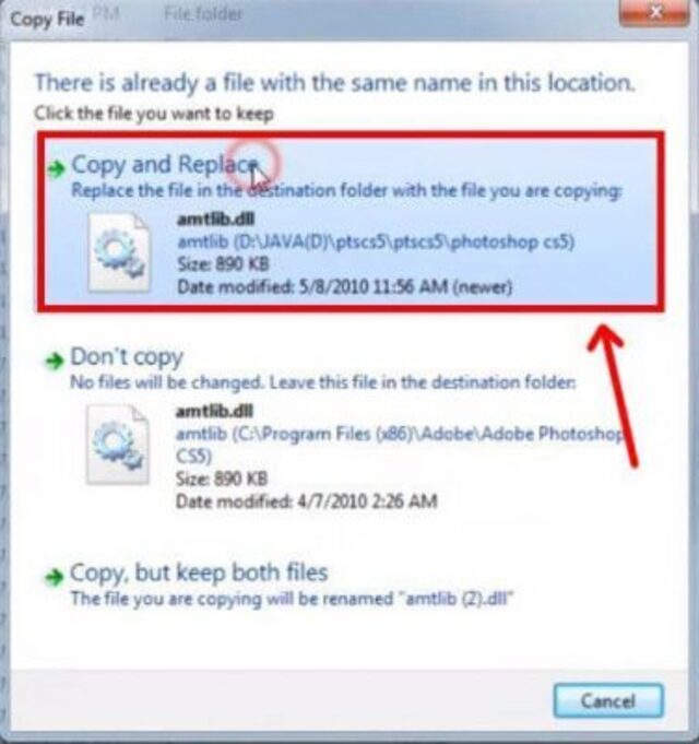 Chọn copy và replace để thay thế file cũ