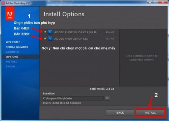 Chọn install để tiến hành cài đặt phần mềm Photoshop CS5