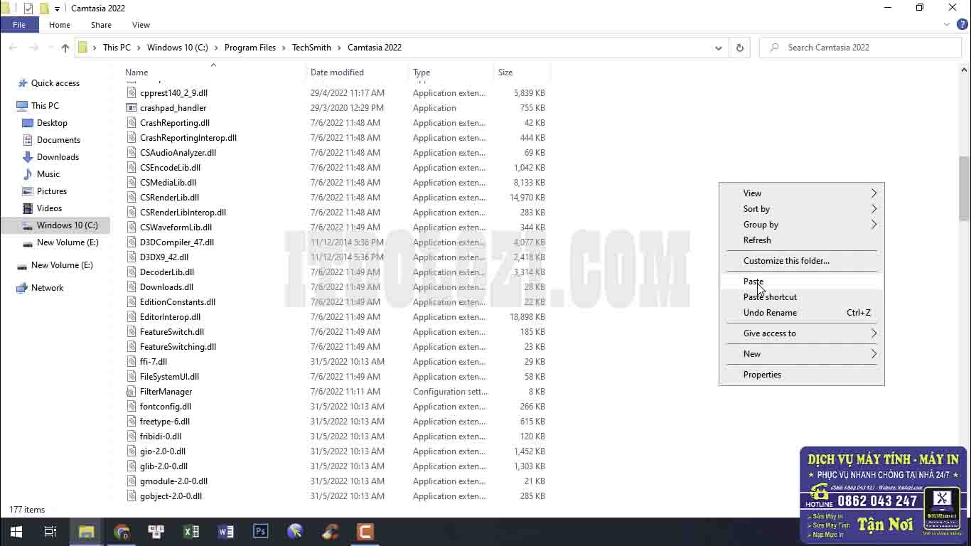 Ta tiến hành dán các File vừa Copy vào thư mục cài đặt Camtasia 2022