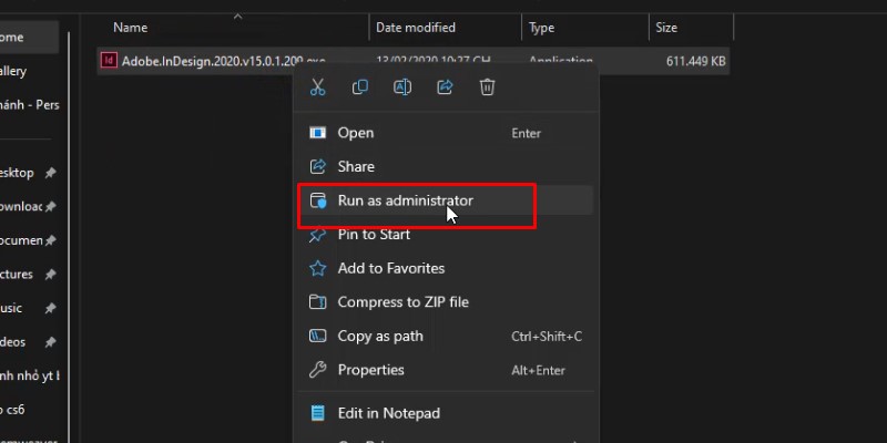 chuột phải vào file cài đặt và chọn run as admin