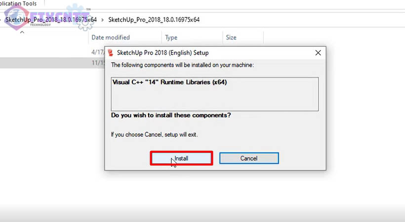 Chọn Install cài sketchup 2018