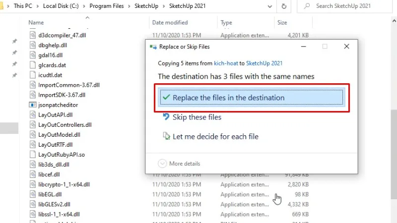 Nhấn vào Replace the files như hình